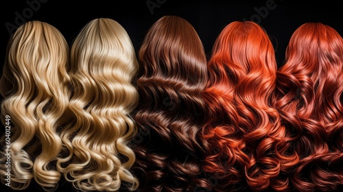back view of a row of different colored hair extensions wigs on black background