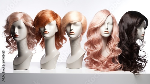 A row of wigs with different hair colors on white background