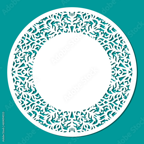 Round blank with openwork edge. White mockup of card, certificate, wedding invitation. Template for plotter laser cutting of paper, fretwork, wood carving, metal engraving, cnc. Vector illustration.