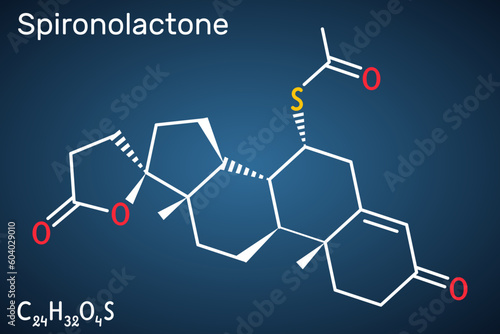 Spironolactone molecule. It is aldosterone receptor antagonist used for the treatment of hypertension, hyperaldosteronism, edema. Structural chemical formula on the dark blue background.