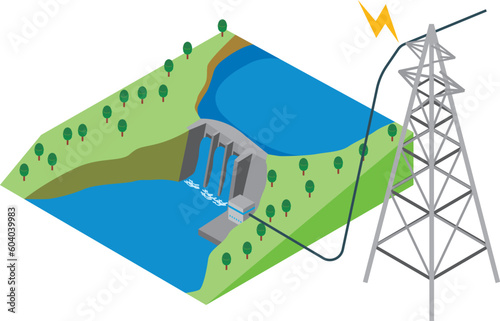 水力発電と送電のイメージ