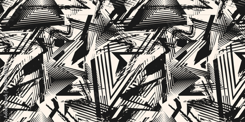Abstract black and white grunge seamless pattern. Urban art texture with paint splashes, chaotic shapes, lines, dots, patches. Sport graffiti style vector background. Repeat funky sporty geo design
