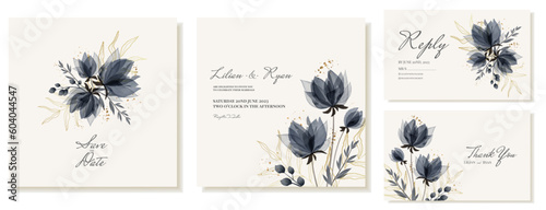 Wedding square invitations and thank you cards with blue watercolor elegant flowers and gold branches. Vector template
