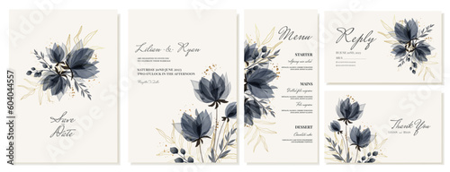 Wedding invitations, thank you cards and menus with gray blue watercolor elegant flowers and gold branches. Vector template