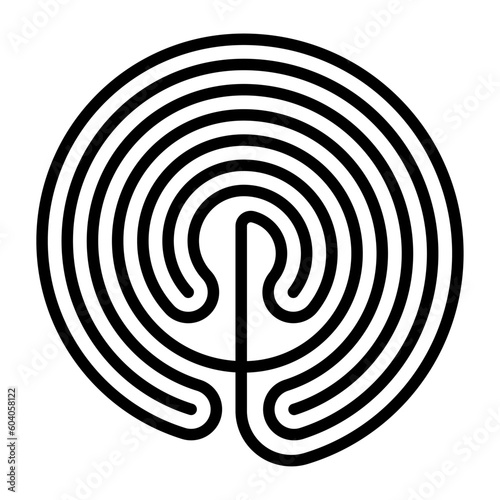 Circle shaped Cretan labyrinth. Classical design of a single path in seven courses, as depicted on silver coins from Knossos. In Greek mythology a confusing structure that served to hold the Minotaur.