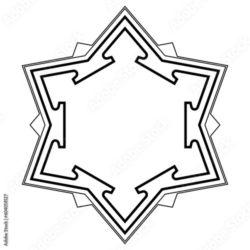 Hexagonal bastion fort pattern. Plan and basic structure of outer walls of a six pointed star fort, with ravelins, the triangular fortifications and detached outworks, placed opposite a curtain wall.