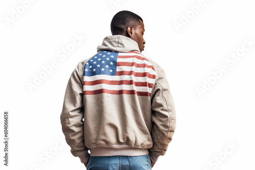 persona de raza negra de espaldas con la bandera de america en la espalda en su cazadora sobre fondo blacno. illustration AI generative