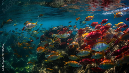 School of fish swim in vibrant reef generated by AI