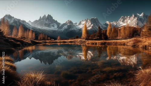 Majestic mountain range reflects in tranquil water generated by AI
