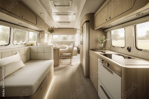 Modern luxury caravan interior.Sunny day.Nobody.Created with generative ai