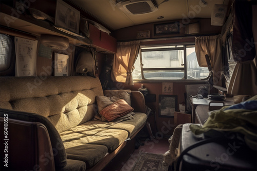 Retro caravan interior.Nobody.Created with generative ai
