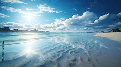 Calm blue sea against a blue sky with white cirrus clouds and an empty sandy beach. Generative AI