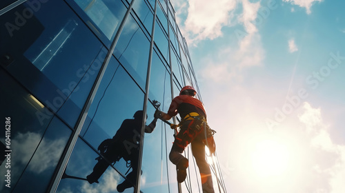Professional climber rope access worker cleaning the windows on the high rise building. Generative Ai