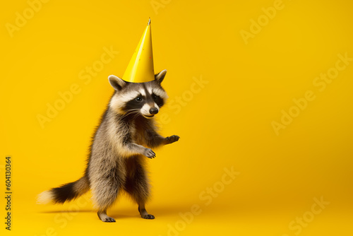 Funny raccoon in yellow cap dances on yellow background. Festive party concept. Generative AI