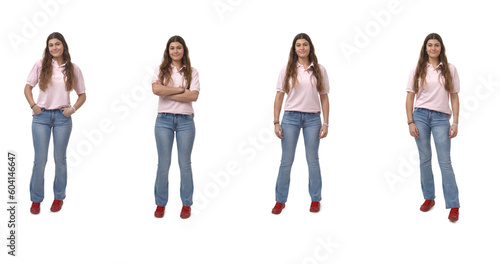 front view of a group same young girl standing on white background