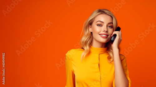 Generative Ai. woman in a yellow dress talking on a cell phone