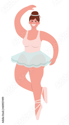 Overweight woman ballerina. Body positive. Self-confidence. Cute flat modern illustration. Character sticker. Png file on transparent background.