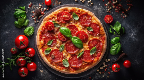 Delicious pepperoni pizza and basil tomatoes cooking ingredients on black concrete background. Top view of hot pepperoni pizza. Generative Ai