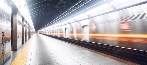 Underground railway metro station with motion blur effect background. Generative AI technology.