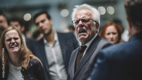 weird business situation, an old man in a suit has an argument with someone, angry and furious, shouting loudly and insulting, fictive reason and happening