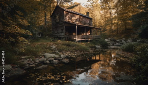 Tranquil autumn forest landscape, water reflects old boathouse and cottage generated by AI