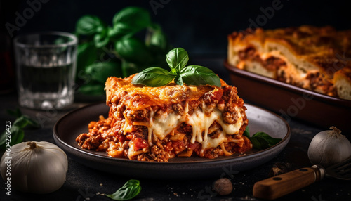 Freshly baked homemade lasagna with beef, tomato, and mozzarella cheese generated by AI
