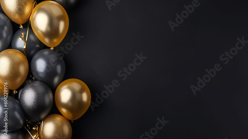 Gold balloons bunch on a black wall background. Generative AI