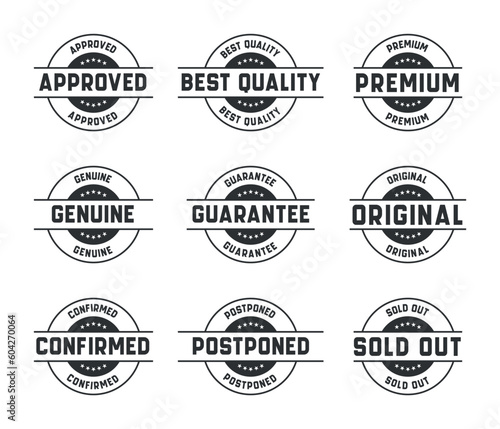 Stamp design set - premium quality, guaranteed, approved, sold out, postponed, confirmed, genuine, original. 