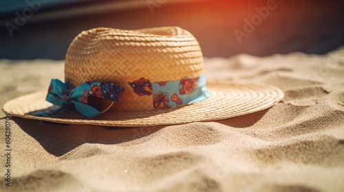 Straw hat on the sand. Summer vacation concept. Close up. Generative AI. 
