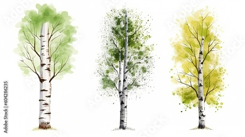 set of watercolor birch tree, generative ai