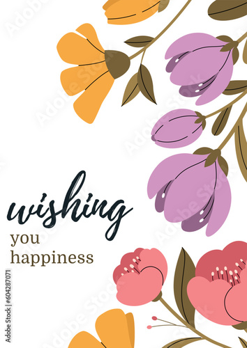 Congratulation poster with blooming flowers and leaves. Greeting card on the floral background.