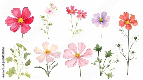 set of watercolor cosmos flowers, generative ai
