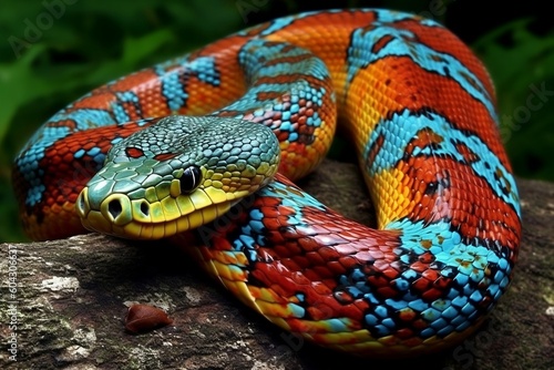 Bright colored snake close-up. Generative AI.