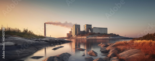 The Power Station on the Coast at Sunrise as a Stark Representation of the Global Warming Crisis. Generative AI