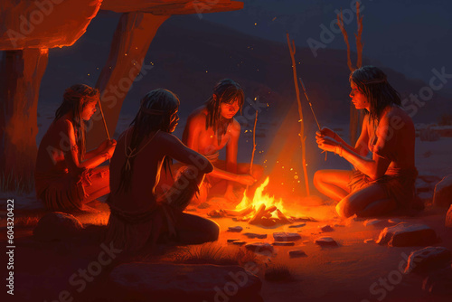 Cave people cooked their meals by lighting a fire outside their cave at sunset. Generative AI