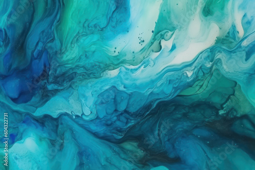 Abstract ocean-inspired artwork in blue and green watercolor and ink. Trendy and dynamic ebru or suminagashi style. Perfect for contemporary designs. AI Generative.