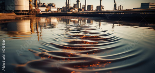 The environmental impact from industrial activity concept, Oil or wastewater is spilling on the river surface with background of industrial city. Generative AI