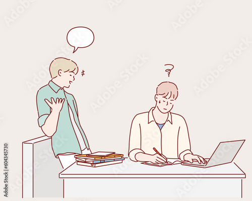 interfere with one's friend's studies. Hand drawn style vector design illustrations.