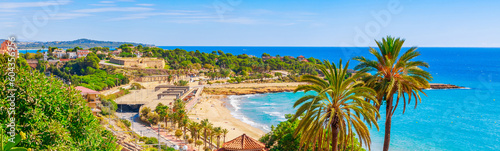 Beach in Tarragona city, Spain, South Europe. Sea coast in Catalonia