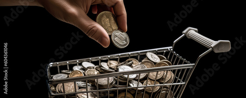 Captivating image of a hand holding a mini shopping cart filled with coins, symbolizing rising costs and the emotional impact of inflation on finances. Generative AI