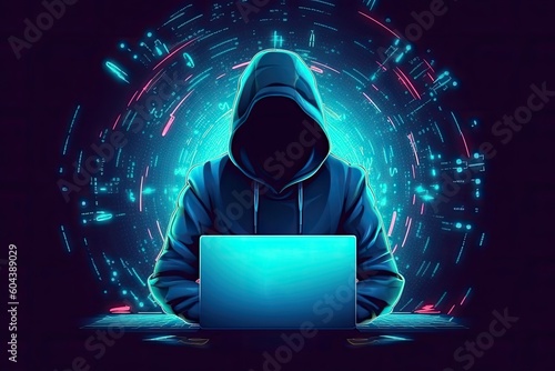 hacker stealing data . Anonymous cute hacker. Concept of hacking cybersecurity, cybercrime, cyberattack . hacker with laptop computer