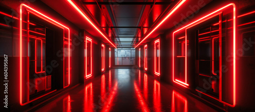 dark hallway with red neon lights up and down