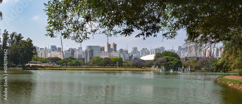 Ibirapuera Park, São Paulo, Brazil. Panoramic view from the lake. In the background, the monument to the Flags of Victor Brecheret, buildings, the Ibirapuera gymnasium and the legislative chamber.