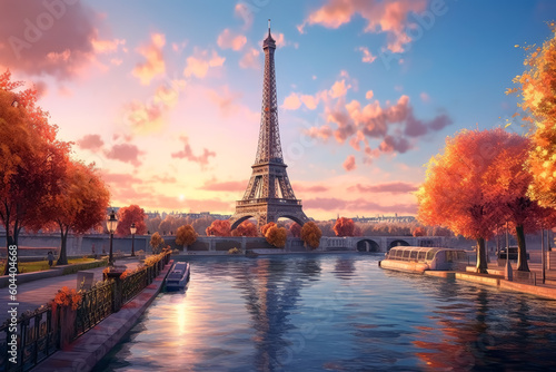 The Eiffel tower and river seine, paris, france with a golden glow of sun, in the style of poster, Romantic Landscapes