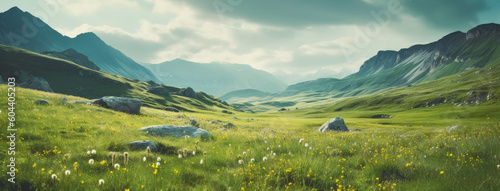 Beautiful landscape with green grass and mountains, Great view of a valley, photo-realistic landscapes. Generative AI Illustration.