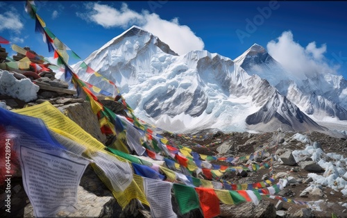 View of Mount Everest and Nuptse with buddhist prayer flags from kala patthar in Sagarmatha National Park in the Nepal Himalaya, Generative AI