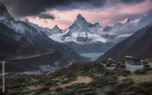 View of Ama Dablam over Solukhumbu valley , Himalayas Nepal, Generative AI