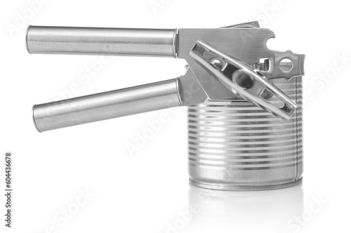 Metal can opener close up isolated on a white background