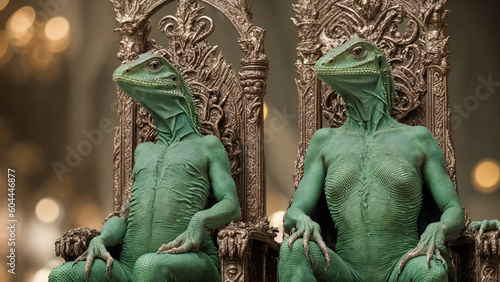 lizard humanoid rulers green skinned queen and king sitting on throne in the castle, generative AI