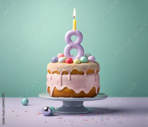 8th years birthday cake on isolated colorful pastel background. Generative Ai.